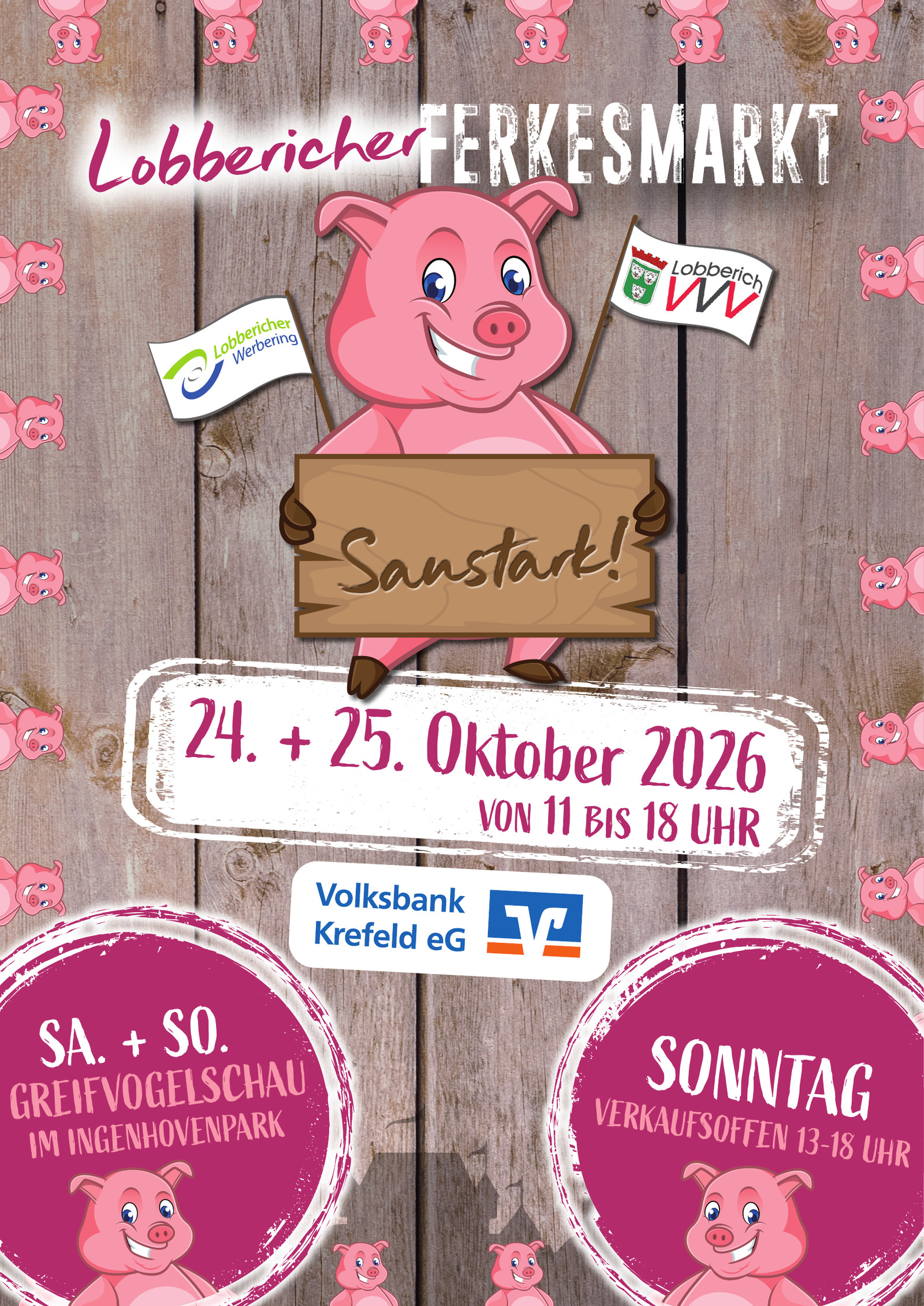 Plakat Lobbericher Ferkesmarkt: 24. und 25. Oktober 2026, 11 bis 18 Uhr; Greifvogelschau im Ingenhovenpark und verkaufsoffener Sonntag von 13 bis 18 Uhr
